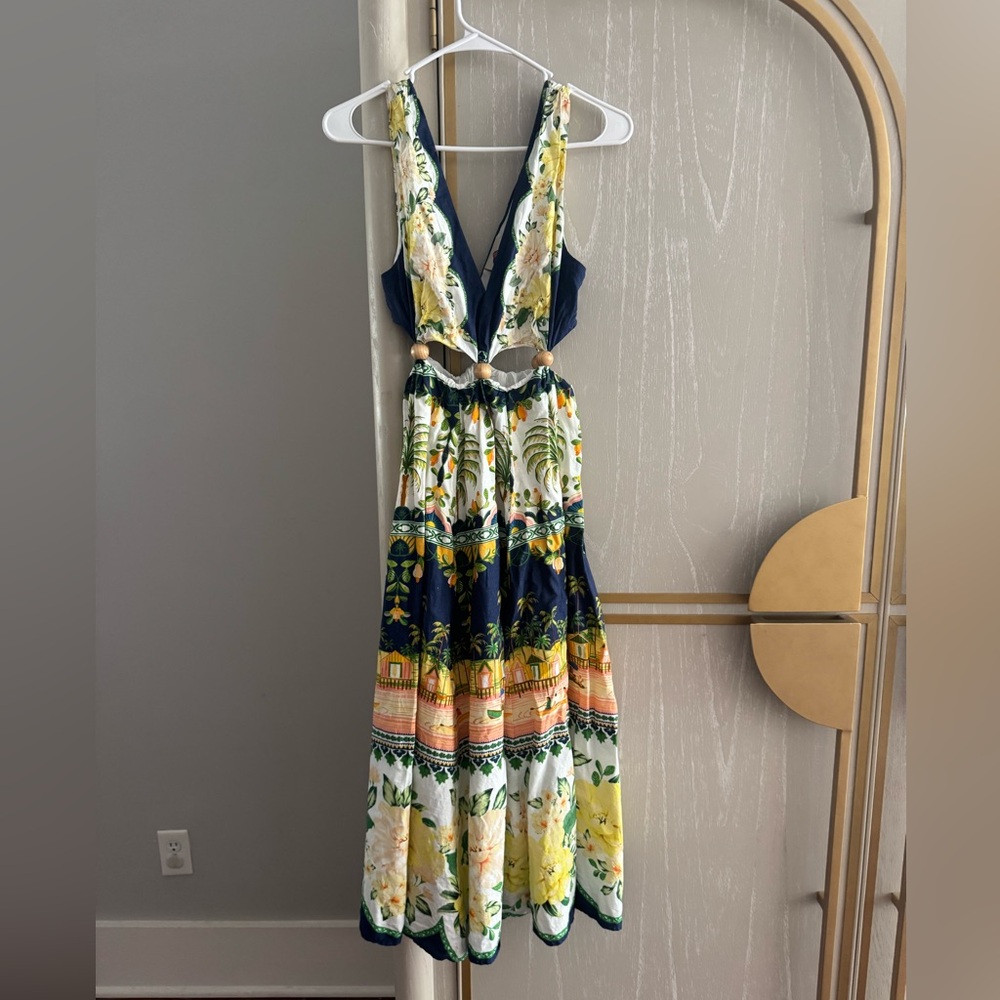 FARM Rio Multicolor Midi Dress with Deep V-Neck